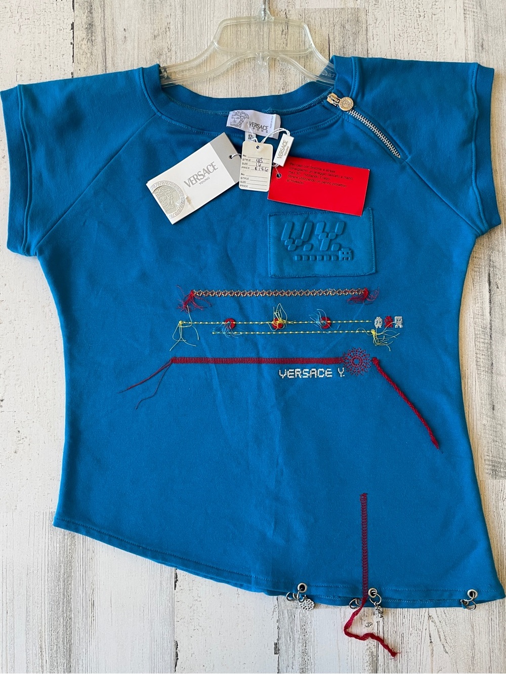 Versace Young Top Blue Embroidered Short Sleeve With Zipper & Charms SZ 1